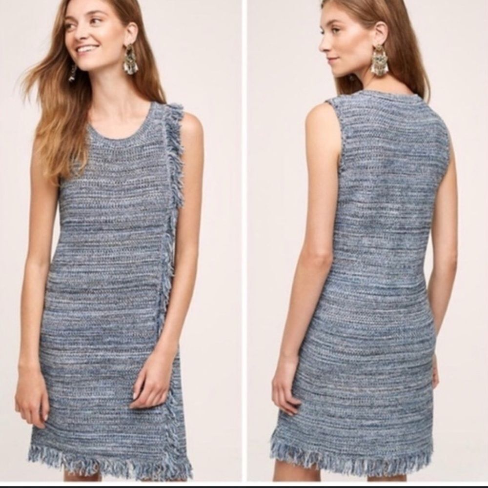 Anthropologie HOLDING HORSES Textured Blue Fringe Mini Dress size small